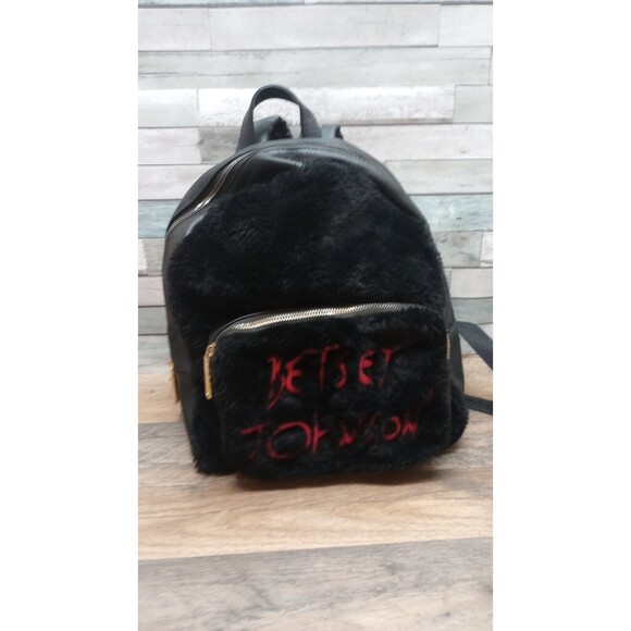Betsey Johnson Handbags - Betsey Johnson Faux Fur Black Backpack Large Logo Vegan Leather 12x11